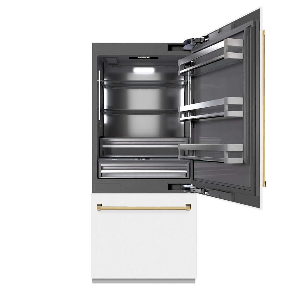 ZLINE Autograph Edition 36 in. 19.8 cu. ft. Built-In Bottom Freezer Refrigerator with Water Dispenser and Ice Maker in White Matte with Graphite Gray Interior and Polished Gold Accents (GRBITZ-WM-36-G) front, refrigeration compartment open.