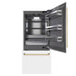 ZLINE Autograph Edition 36 in. 19.8 cu. ft. Built-In Bottom Freezer Refrigerator with Water Dispenser and Ice Maker in White Matte with Graphite Gray Interior and Polished Gold Accents (GRBITZ-WM-36-G) front, refrigeration compartment and bottom freezer drawers open.