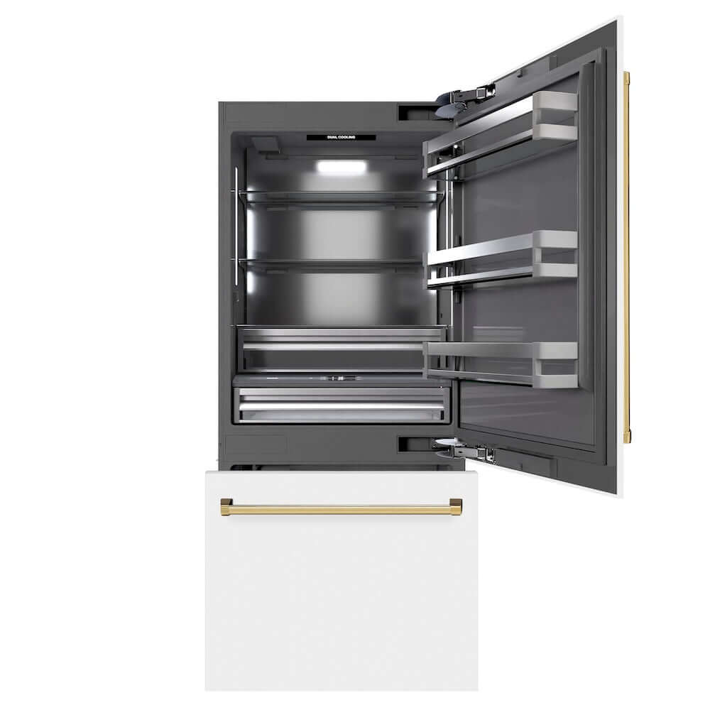 ZLINE Autograph Edition 36 in. 19.8 cu. ft. Built-In Bottom Freezer Refrigerator with Water Dispenser and Ice Maker in White Matte with Graphite Gray Interior and Polished Gold Accents (GRBITZ-WM-36-G) front, refrigeration compartment and bottom freezer drawers open.