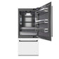 ZLINE Autograph Edition 36 in. 19.8 cu. ft. Built-In Bottom Freezer Refrigerator with Water Dispenser and Ice Maker in White Matte with Graphite Gray Interior and Matte Black Accents (GRBITZ-WM-36-MB) front, refrigeration compartment open.
