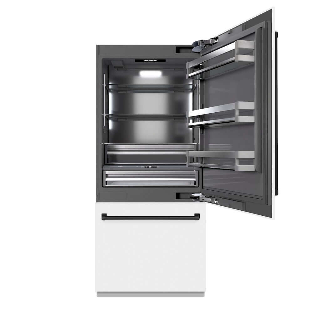 ZLINE Autograph Edition 36 in. 19.8 cu. ft. Built-In Bottom Freezer Refrigerator with Water Dispenser and Ice Maker in White Matte with Graphite Gray Interior and Matte Black Accents (GRBITZ-WM-36-MB) front, refrigeration compartment open.