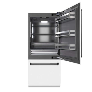 ZLINE Autograph Edition 36 in. 19.8 cu. ft. Built-In Bottom Freezer Refrigerator with Water Dispenser and Ice Maker in White Matte with Graphite Gray Interior and Matte Black Accents (GRBITZ-WM-36-MB) front, refrigeration compartment open.