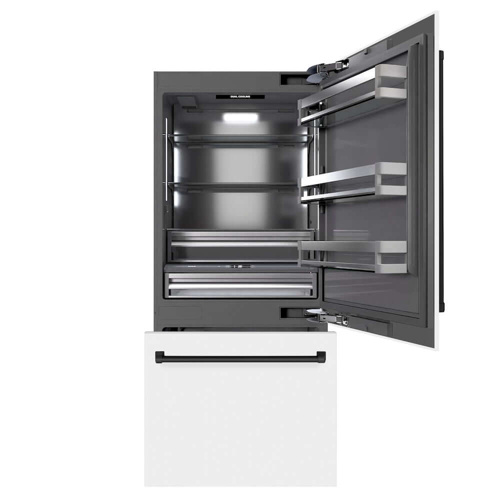 ZLINE Autograph Edition 36 in. 19.8 cu. ft. Built-In Bottom Freezer Refrigerator with Water Dispenser and Ice Maker in White Matte with Graphite Gray Interior and Matte Black Accents (GRBITZ-WM-36-MB) front, refrigeration compartment and bottom freezer drawers open.