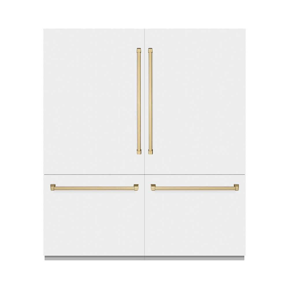 ZLINE Autograph Edition 72 in. 39.6 cu. ft. French Door Built-In Bottom Freezer Refrigerator with Water Dispensers and Ice Makers in White Matte with Graphite Gray Interior and Champagne Bronze Accents (GRBITZ-WM-72-CB) front, closed.