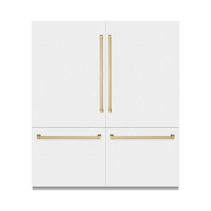 ZLINE Autograph Edition 72 in. 39.6 cu. ft. French Door Built-In Bottom Freezer Refrigerator with Water Dispensers and Ice Makers in White Matte with Graphite Gray Interior and Champagne Bronze Accents (GRBITZ-WM-72-CB) front, closed.