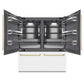 ZLINE Autograph Edition 72 in. 39.6 cu. ft. French Door Built-In Bottom Freezer Refrigerator with Water Dispensers and Ice Makers in White Matte with Graphite Gray Interior and Champagne Bronze Accents (GRBITZ-WM-72-CB) front, refrigeration compartment open.