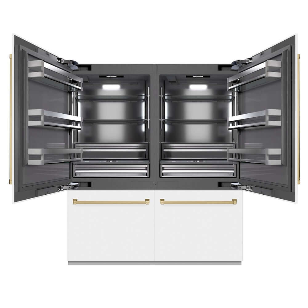 ZLINE Autograph Edition 72 in. 39.6 cu. ft. French Door Built-In Bottom Freezer Refrigerator with Water Dispensers and Ice Makers in White Matte with Graphite Gray Interior and Champagne Bronze Accents (GRBITZ-WM-72-CB) front, refrigeration compartment open.