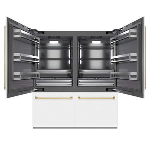ZLINE Autograph Edition 72 in. 39.6 cu. ft. French Door Built-In Bottom Freezer Refrigerator with Water Dispensers and Ice Makers in White Matte with Graphite Gray Interior and Champagne Bronze Accents (GRBITZ-WM-72-CB) front, refrigeration compartment open.