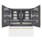 ZLINE Autograph Edition 72 in. 39.6 cu. ft. French Door Built-In Bottom Freezer Refrigerator with Water Dispensers and Ice Makers in White Matte with Graphite Gray Interior and Champagne Bronze Accents (GRBITZ-WM-72-CB) front, refrigeration compartment and bottom freezer drawers open.