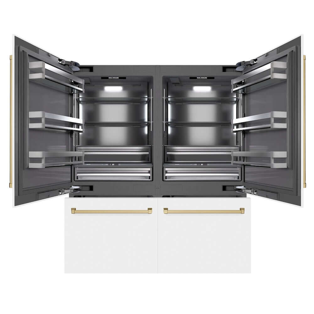 ZLINE Autograph Edition 72 in. 39.6 cu. ft. French Door Built-In Bottom Freezer Refrigerator with Water Dispensers and Ice Makers in White Matte with Graphite Gray Interior and Champagne Bronze Accents (GRBITZ-WM-72-CB) front, refrigeration compartment and bottom freezer drawers open.