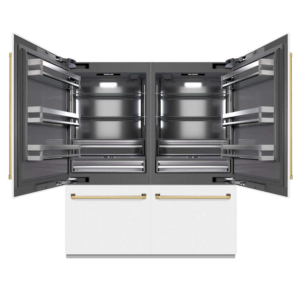 ZLINE Autograph Edition 72 in. 39.6 cu. ft. French Door Built-In Bottom Freezer Refrigerator with Water Dispensers and Ice Makers in White Matte with Graphite Gray Interior and Polished Gold Accents (GRBITZ-WM-72-G) front, refrigeration compartment open.