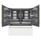 ZLINE Autograph Edition 72 in. 39.6 cu. ft. French Door Built-In Bottom Freezer Refrigerator with Water Dispensers and Ice Makers in White Matte with Graphite Gray Interior and Polished Gold Accents (GRBITZ-WM-72-G) front, refrigeration compartment and bottom freezer drawers open.