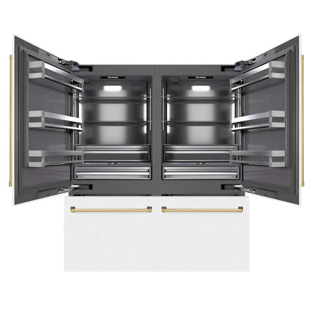 ZLINE Autograph Edition 72 in. 39.6 cu. ft. French Door Built-In Bottom Freezer Refrigerator with Water Dispensers and Ice Makers in White Matte with Graphite Gray Interior and Polished Gold Accents (GRBITZ-WM-72-G) front, refrigeration compartment and bottom freezer drawers open.