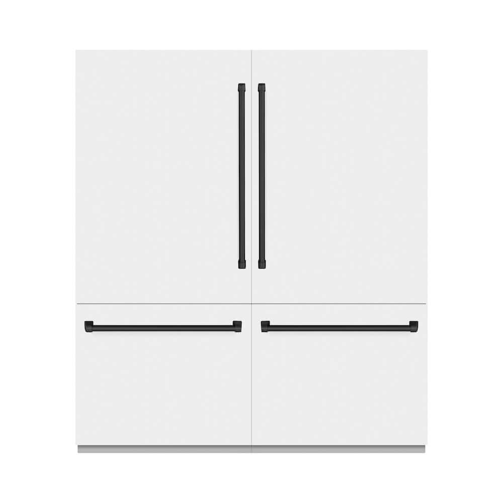 ZLINE Autograph Edition 72 in. 39.6 cu. ft. French Door Built-In Bottom Freezer Refrigerator with Water Dispensers and Ice Makers in White Matte with Graphite Gray Interior and Matte Black Accents (GRBITZ-WM-72-MB) front, closed.