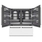 ZLINE Autograph Edition 72 in. 39.6 cu. ft. French Door Built-In Bottom Freezer Refrigerator with Water Dispensers and Ice Makers in White Matte with Graphite Gray Interior and Matte Black Accents (GRBITZ-WM-72-MB) front, refrigeration compartment open.