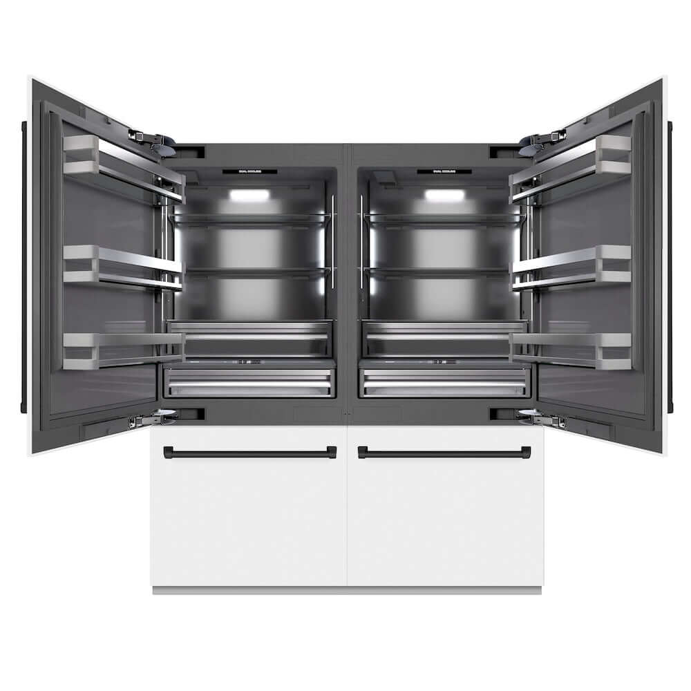 ZLINE Autograph Edition 72 in. 39.6 cu. ft. French Door Built-In Bottom Freezer Refrigerator with Water Dispensers and Ice Makers in White Matte with Graphite Gray Interior and Matte Black Accents (GRBITZ-WM-72-MB) front, refrigeration compartment open.