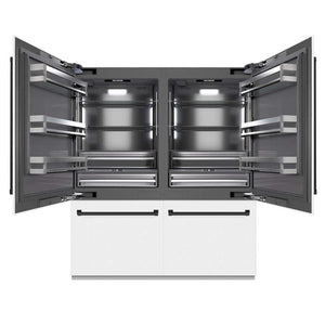 ZLINE Autograph Edition 72 in. 39.6 cu. ft. French Door Built-In Bottom Freezer Refrigerator with Water Dispensers and Ice Makers in White Matte with Graphite Gray Interior and Matte Black Accents (GRBITZ-WM-72-MB) front, refrigeration compartment open.