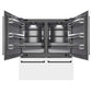 ZLINE Autograph Edition 72 in. 39.6 cu. ft. French Door Built-In Bottom Freezer Refrigerator with Water Dispensers and Ice Makers in White Matte with Graphite Gray Interior and Matte Black Accents (GRBITZ-WM-72-MB) front, refrigeration compartment and bottom freezer drawers open.