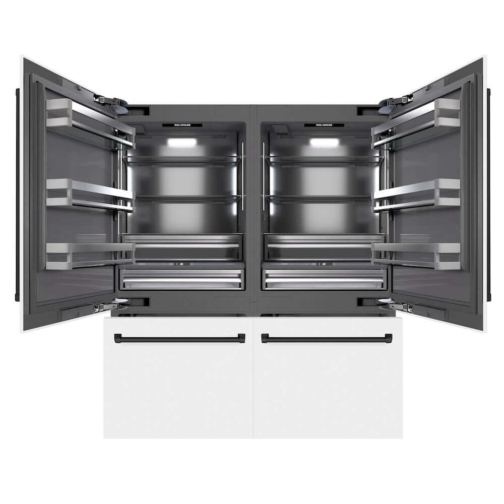 ZLINE Autograph Edition 72 in. 39.6 cu. ft. French Door Built-In Bottom Freezer Refrigerator with Water Dispensers and Ice Makers in White Matte with Graphite Gray Interior and Matte Black Accents (GRBITZ-WM-72-MB) front, refrigeration compartment and bottom freezer drawers open.