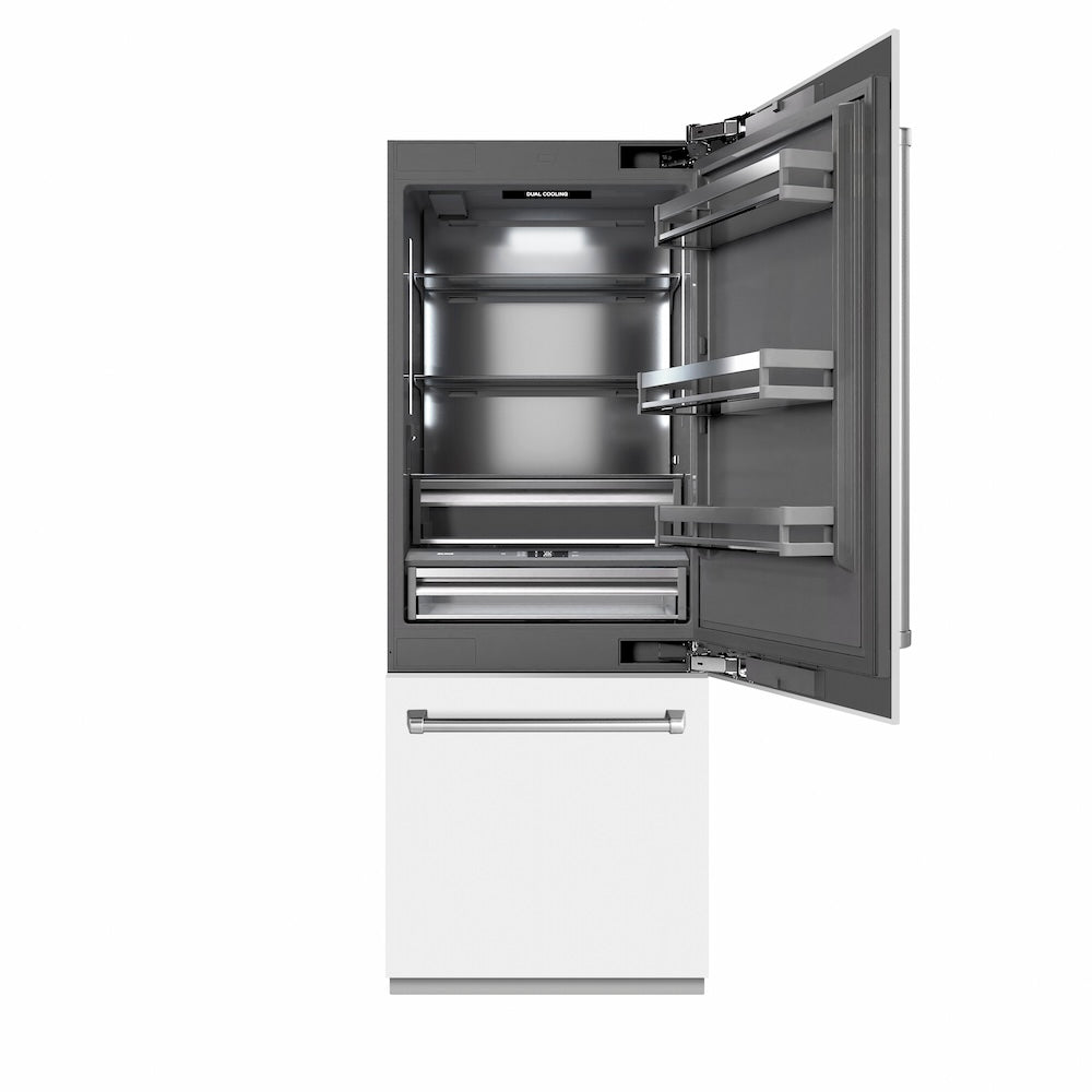 ZLINE 30 in. 16.1 cu. ft. Built-In Bottom Freezer Refrigerator with Water Dispenser and Ice Maker in White Matte with Graphite Gray Interior (GRBIV-WM-30) main image.