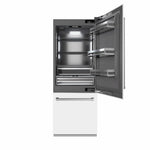 ZLINE 30 in. 16.1 cu. ft. Built-In Bottom Freezer Refrigerator with Water Dispenser and Ice Maker in White Matte with Graphite Gray Interior (GRBIV-WM-30) front, refrigeration compartment open.