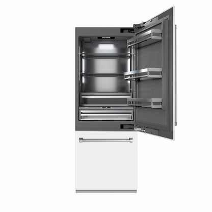 ZLINE 30 in. 16.1 cu. ft. Built-In Bottom Freezer Refrigerator with Water Dispenser and Ice Maker in White Matte with Graphite Gray Interior (GRBIV-WM-30) front, refrigeration compartment open.