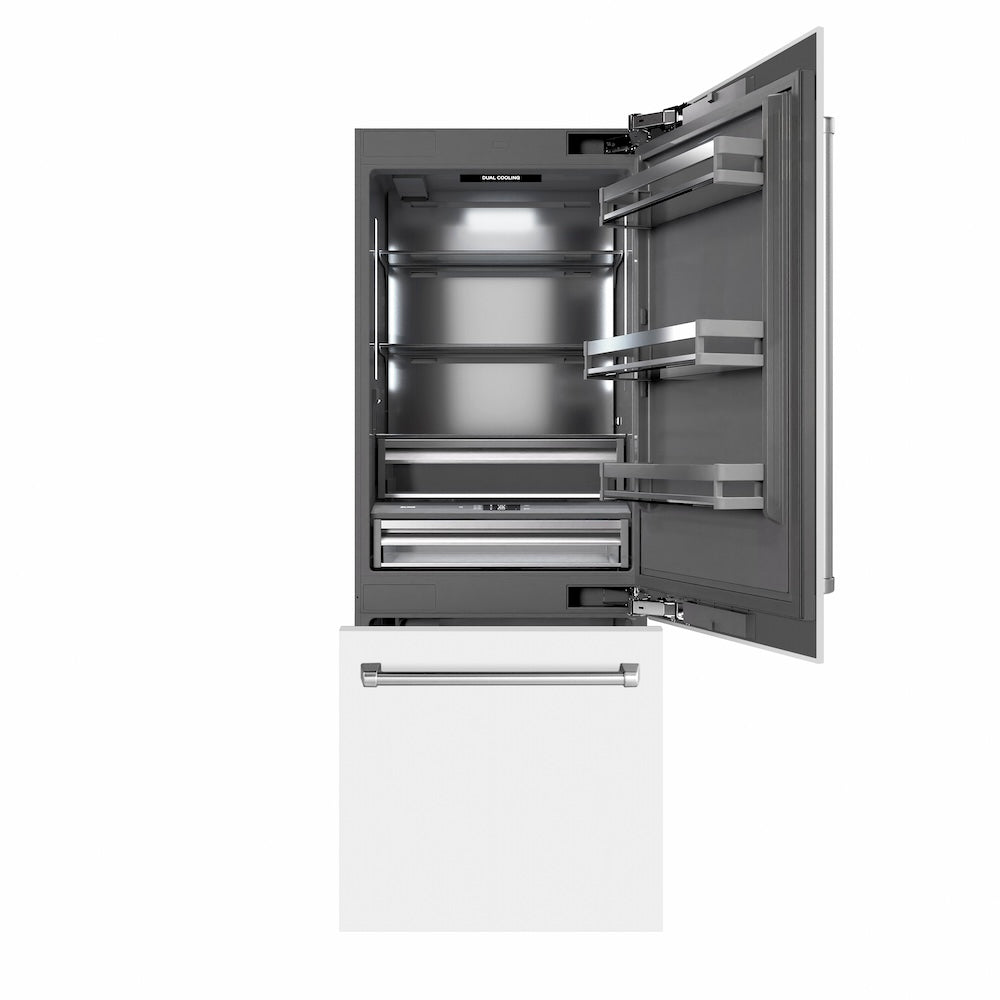 ZLINE 30 in. 16.1 cu. ft. Built-In Bottom Freezer Refrigerator with Water Dispenser and Ice Maker in White Matte with Graphite Gray Interior (GRBIV-WM-30) front, refrigeration compartment and bottom freezer drawers open.