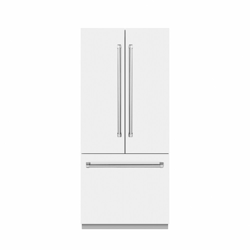 ZLINE 36 in. 19.6 cu. ft. French Door Built-In Bottom Freezer Refrigerator with Water Dispenser and Ice Maker in White Matte with Graphite Gray Interior (GRBIV-WM-36) front, closed.