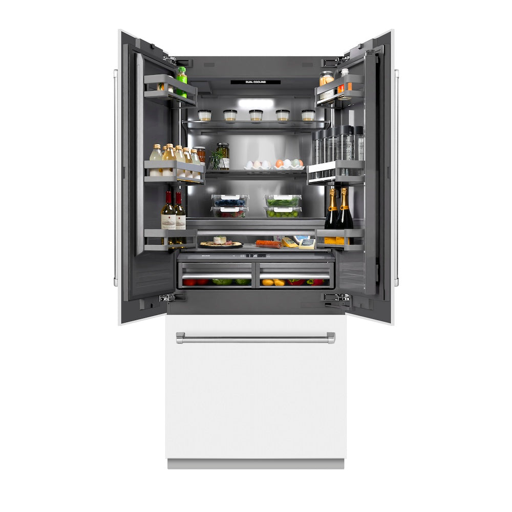 ZLINE 36 in. 19.6 cu. ft. French Door Built-In Bottom Freezer Refrigerator with Water Dispenser and Ice Maker in White Matte with Graphite Gray Interior (GRBIV-WM-36)