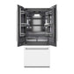 ZLINE 36 in. 19.6 cu. ft. French Door Built-In Bottom Freezer Refrigerator with Water Dispenser and Ice Maker in White Matte with Graphite Gray Interior (GRBIV-WM-36) front, refrigeration compartment open.