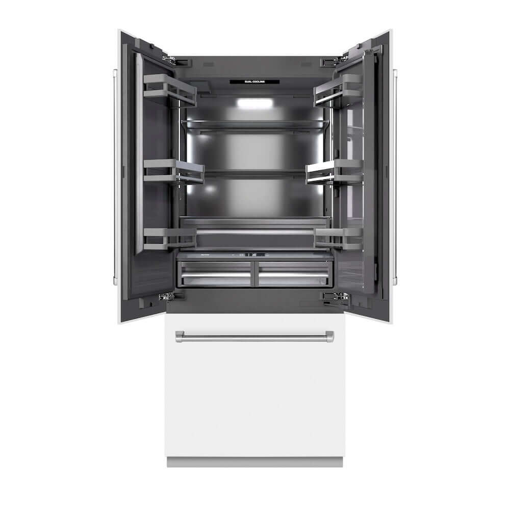 ZLINE 36 in. 19.6 cu. ft. French Door Built-In Bottom Freezer Refrigerator with Water Dispenser and Ice Maker in White Matte with Graphite Gray Interior (GRBIV-WM-36) front, refrigeration compartment open.