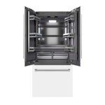 ZLINE 36 in. 19.6 cu. ft. French Door Built-In Bottom Freezer Refrigerator with Water Dispenser and Ice Maker in White Matte with Graphite Gray Interior (GRBIV-WM-36) front, refrigeration compartment and bottom freezer drawers open.
