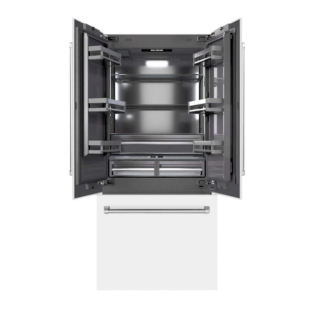 ZLINE 36 in. 19.6 cu. ft. French Door Built-In Bottom Freezer Refrigerator with Water Dispenser and Ice Maker in White Matte with Graphite Gray Interior (GRBIV-WM-36) front, refrigeration compartment and bottom freezer drawers open.