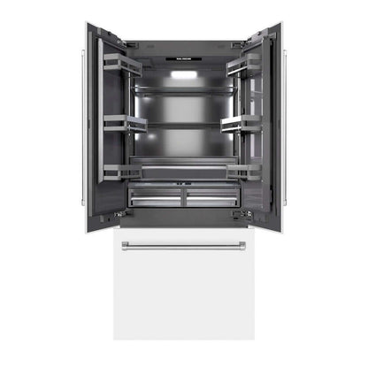 ZLINE 36 in. 19.6 cu. ft. French Door Built-In Bottom Freezer Refrigerator with Water Dispenser and Ice Maker in White Matte with Graphite Gray Interior (GRBIV-WM-36) front, refrigeration compartment and bottom freezer drawers open.