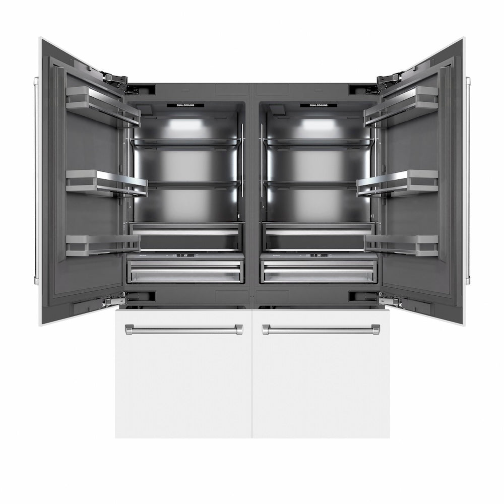 ZLINE 60 in. 32.2 cu. ft. French Door Built-In Bottom Freezer Refrigerator with Water Dispensers and Ice Makers in White Matte with Graphite Gray Interior (GRBIV-WM-60) front, refrigeration compartment and bottom freezer drawers open.