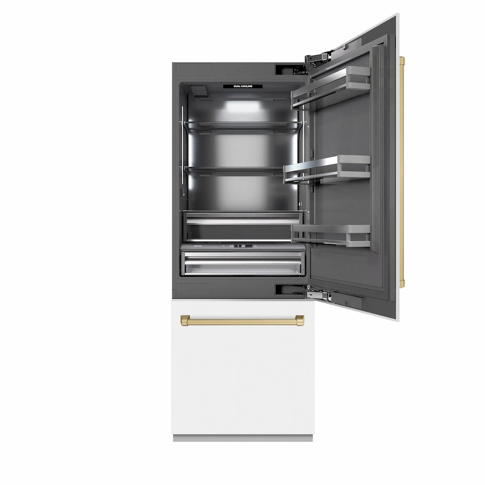 ZLINE Autograph Edition 30 in. 16.1 cu. ft. Built-In Bottom Freezer Refrigerator with Water Dispenser and Ice Maker in White Matte with Graphite Gray Interior and Champagne Bronze Accents (GRBIVZ-WM-30-CB) main image.