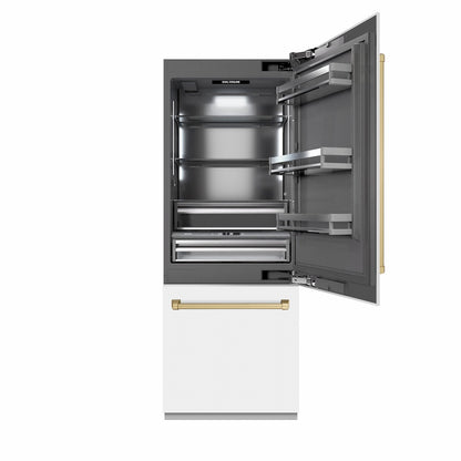 ZLINE Autograph Edition 30 in. 16.1 cu. ft. Built-In Bottom Freezer Refrigerator with Water Dispenser and Ice Maker in White Matte with Graphite Gray Interior and Champagne Bronze Accents (GRBIVZ-WM-30-CB) front, refrigeration compartment open.