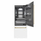 ZLINE Autograph Edition 30 in. 16.1 cu. ft. Built-In Bottom Freezer Refrigerator with Water Dispenser and Ice Maker in White Matte with Graphite Gray Interior and Champagne Bronze Accents (GRBIVZ-WM-30-CB) front, refrigeration compartment and bottom freezer drawers open.