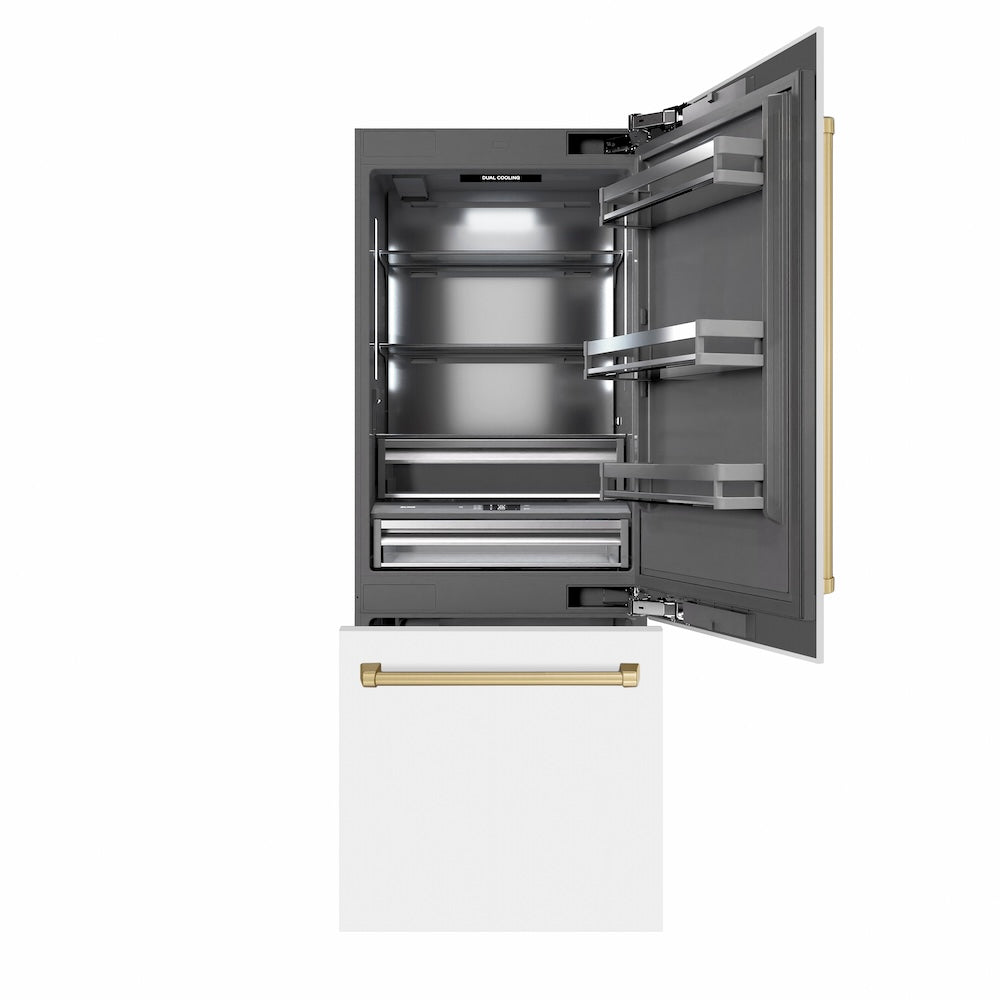 ZLINE Autograph Edition 30 in. 16.1 cu. ft. Built-In Bottom Freezer Refrigerator with Water Dispenser and Ice Maker in White Matte with Graphite Gray Interior and Champagne Bronze Accents (GRBIVZ-WM-30-CB) front, refrigeration compartment and bottom freezer drawers open.