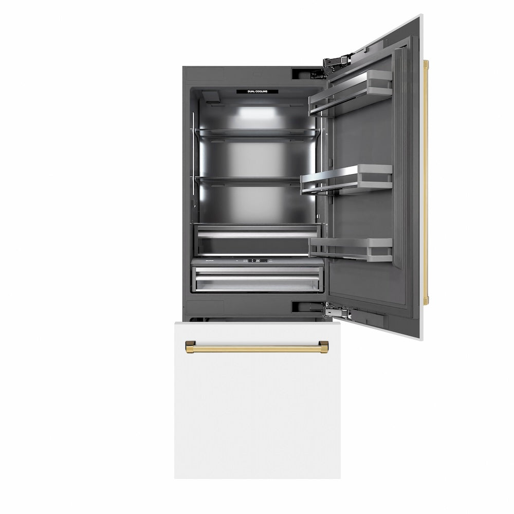 ZLINE Autograph Edition 30 in. 16.1 cu. ft. Built-In Bottom Freezer Refrigerator with Water Dispenser and Ice Maker in White Matte with Graphite Gray Interior and Polished Gold Accents (GRBIVZ-WM-30-G) front, refrigeration compartment and bottom freezer drawers open.