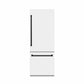 ZLINE Autograph Edition 30 in. 16.1 cu. ft. Built-In Bottom Freezer Refrigerator with Water Dispenser and Ice Maker in White Matte with Graphite Gray Interior and Matte Black Accents (GRBIVZ-WM-30-MB) front, closed.