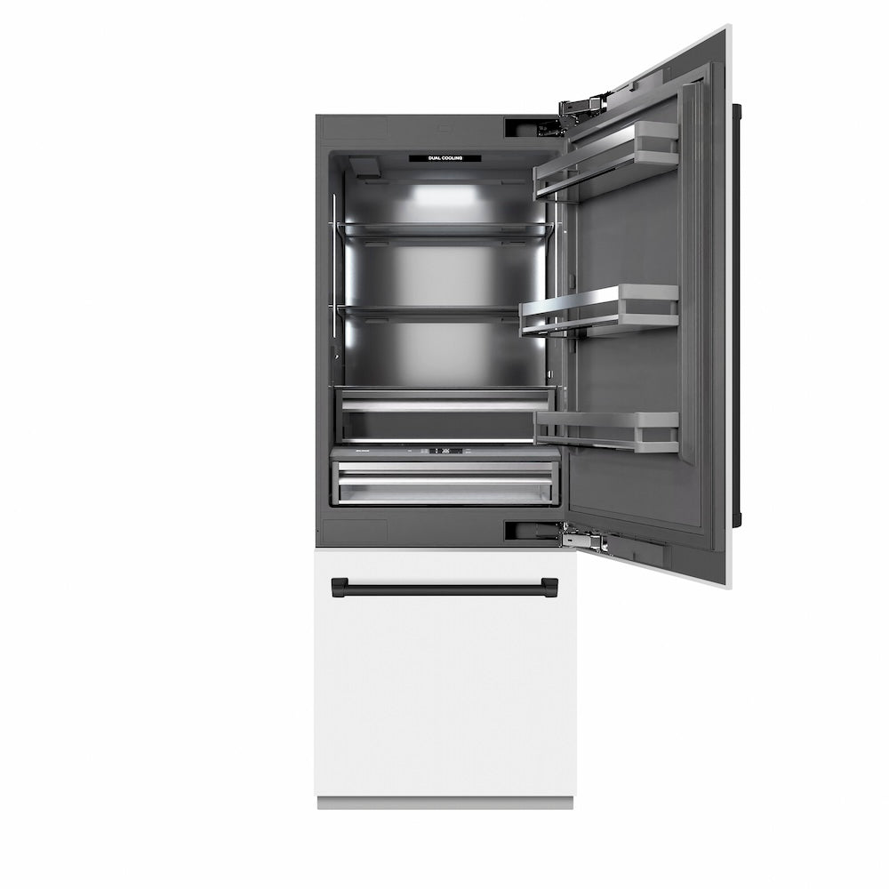 ZLINE Autograph Edition 30 in. 16.1 cu. ft. Built-In Bottom Freezer Refrigerator with Water Dispenser and Ice Maker in White Matte with Graphite Gray Interior and Matte Black Accents (GRBIVZ-WM-30-MB) main image.