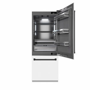 ZLINE Autograph Edition 30 in. 16.1 cu. ft. Built-In Bottom Freezer Refrigerator with Water Dispenser and Ice Maker in White Matte with Graphite Gray Interior and Matte Black Accents (GRBIVZ-WM-30-MB) main image.