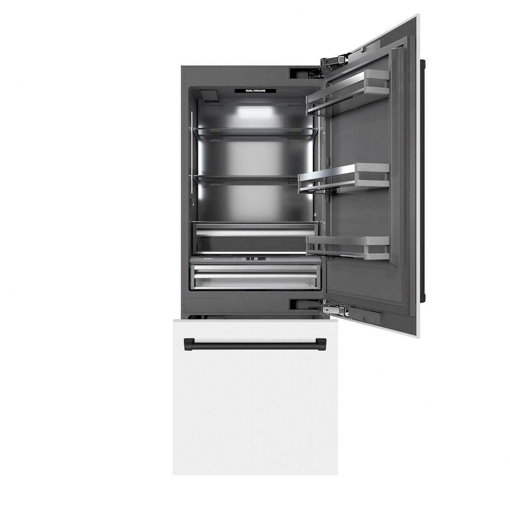 ZLINE Autograph Edition 30 in. 16.1 cu. ft. Built-In Bottom Freezer Refrigerator with Water Dispenser and Ice Maker in White Matte with Graphite Gray Interior and Matte Black Accents (GRBIVZ-WM-30-MB) front, refrigeration compartment and bottom freezer drawers open.