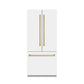 ZLINE Autograph Edition 36 in. 19.6 cu. ft. French Door Built-In Bottom Freezer Refrigerator with Water Dispenser and Ice Maker in White Matte with Graphite Gray Interior and Champagne Bronze Accents (GRBIVZ-WM-36-CB) front, closed.