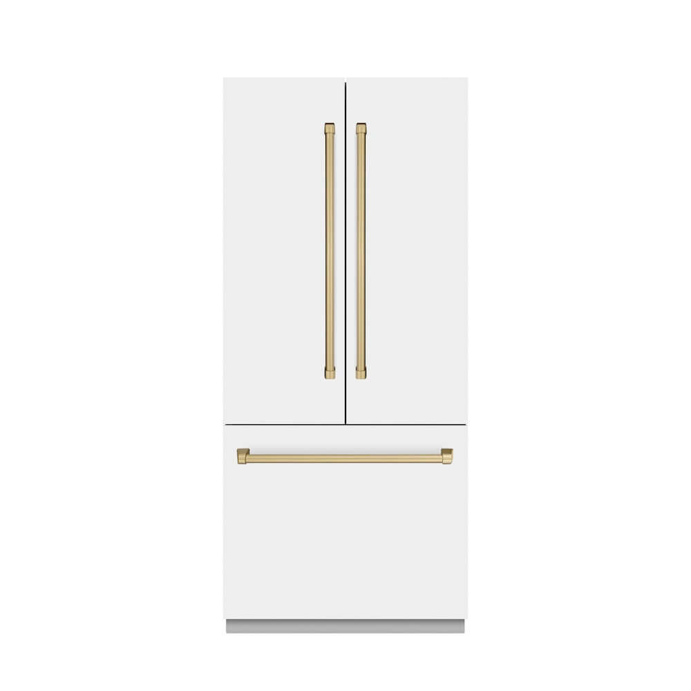 ZLINE Autograph Edition 36 in. 19.6 cu. ft. French Door Built-In Bottom Freezer Refrigerator with Water Dispenser and Ice Maker in White Matte with Graphite Gray Interior and Champagne Bronze Accents (GRBIVZ-WM-36-CB) front, closed.