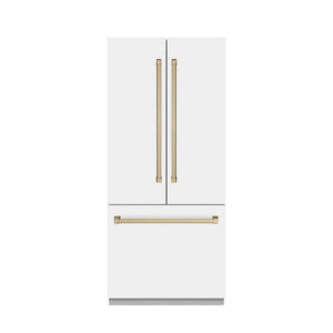 ZLINE Autograph Edition 36 in. 19.6 cu. ft. French Door Built-In Bottom Freezer Refrigerator with Water Dispenser and Ice Maker in White Matte with Graphite Gray Interior and Champagne Bronze Accents (GRBIVZ-WM-36-CB) front, closed.