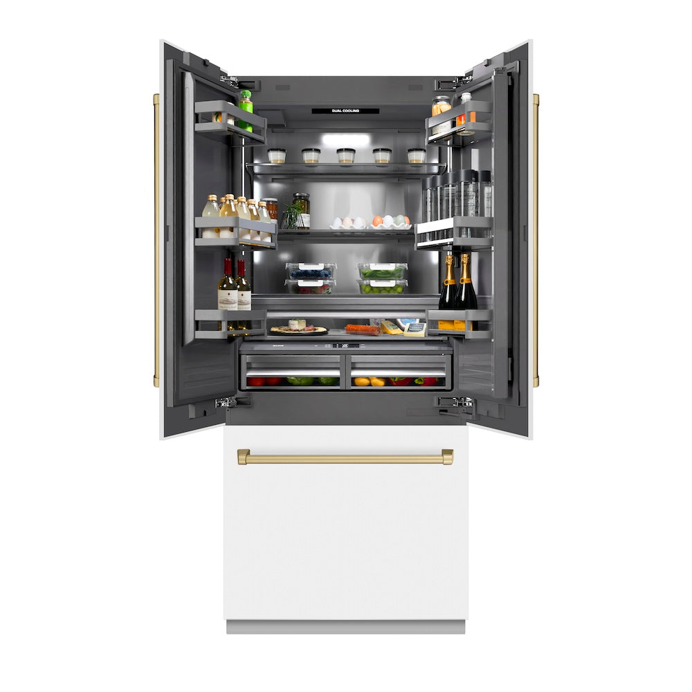ZLINE Autograph Edition 36 in. 19.6 cu. ft. French Door Built-In Bottom Freezer Refrigerator with Water Dispenser and Ice Maker in White Matte with Graphite Gray Interior and Champagne Bronze Accents (GRBIVZ-WM-36-CB)