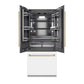 ZLINE Autograph Edition 36 in. 19.6 cu. ft. French Door Built-In Bottom Freezer Refrigerator with Water Dispenser and Ice Maker in White Matte with Graphite Gray Interior and Champagne Bronze Accents (GRBIVZ-WM-36-CB) front, refrigeration compartment open.