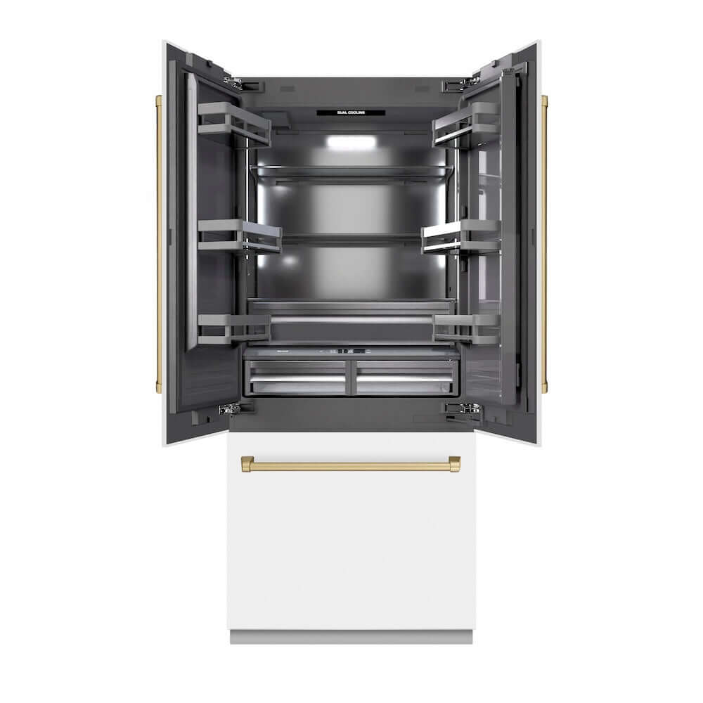 ZLINE Autograph Edition 36 in. 19.6 cu. ft. French Door Built-In Bottom Freezer Refrigerator with Water Dispenser and Ice Maker in White Matte with Graphite Gray Interior and Champagne Bronze Accents (GRBIVZ-WM-36-CB) front, refrigeration compartment open.